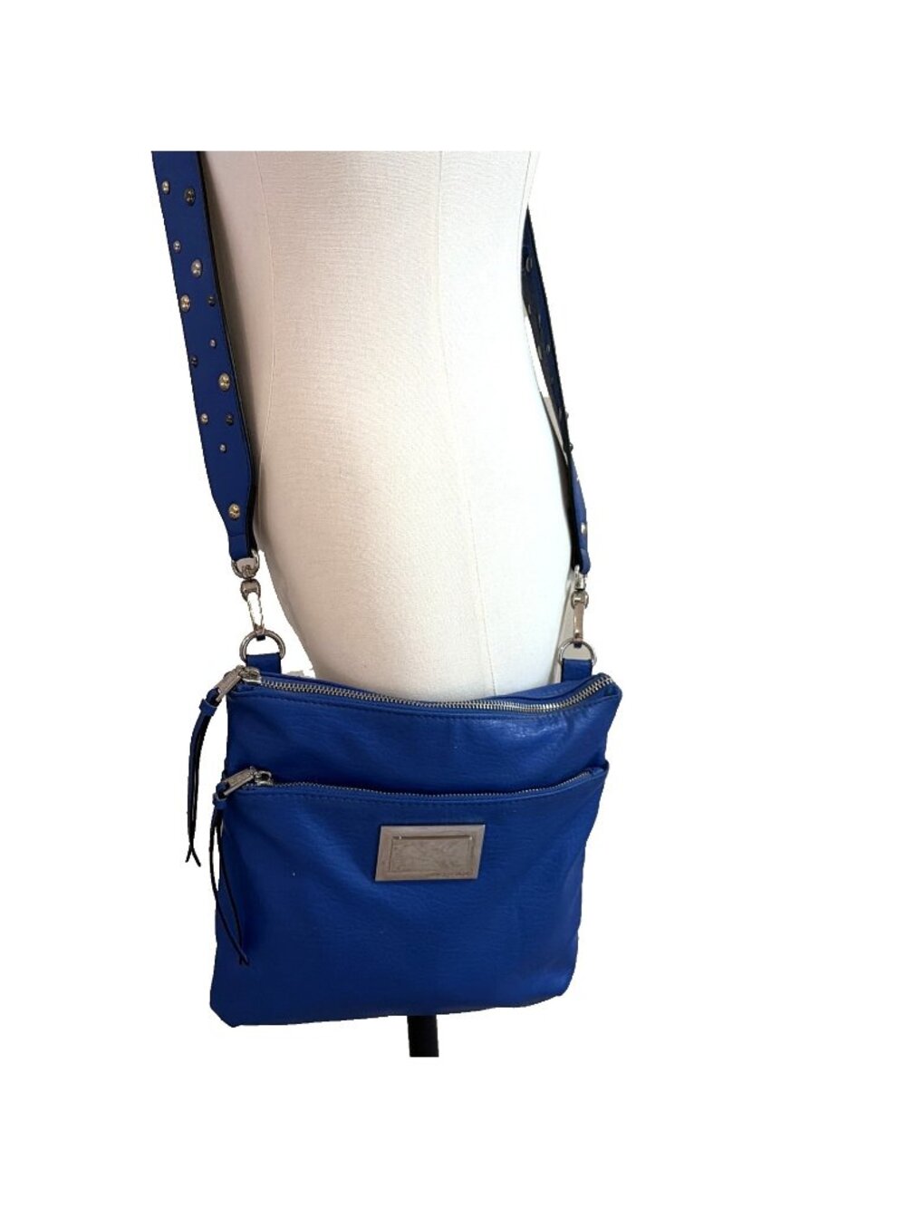 Juicy Couture Pebbled Faux Leather Crossbody Bag Studded Strap Cobalt Blue Logo